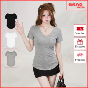 Áo thun ôm body nữ GRADPOPU cổ V tay ngắn ôm eo gợi cảm có túi ngực chất cotton mềm mát PAT165