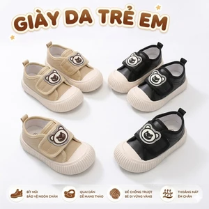 Giày da trẻ em quai dán đế cao su thêu gấu cho bé trai bé gái ShinHome