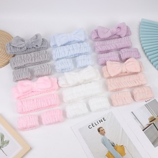 Set 3 Món Băng Đô Nơ Và Bông Đeo Tay Rửa Mặt, Tẩy Trang Chống Ướt Áo, Ướt Tóc Cotton Mềm Mại Thấm Nước
