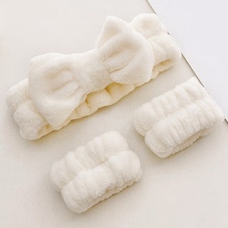 Set 3 Món Băng Đô Nơ Và Bông Đeo Tay Rửa Mặt, Tẩy Trang Chống Ướt Áo, Ướt Tóc Cotton Mềm Mại Thấm Nước