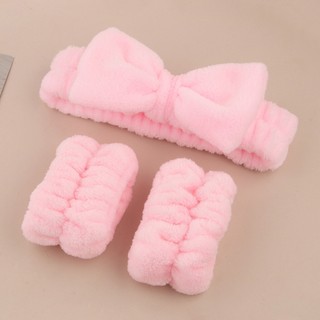 Set 3 Món Băng Đô Nơ Và Bông Đeo Tay Rửa Mặt, Tẩy Trang Chống Ướt Áo, Ướt Tóc Cotton Mềm Mại Thấm Nước