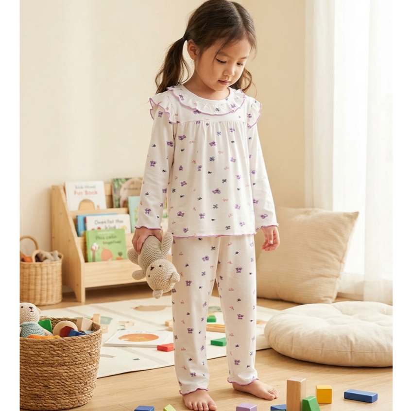 Bộ tay dài bé gái sợi sồi Modal Lá Homewear MOD5, đồ ngủ cho bé babydoll mát mềm phối bèo dễ thương