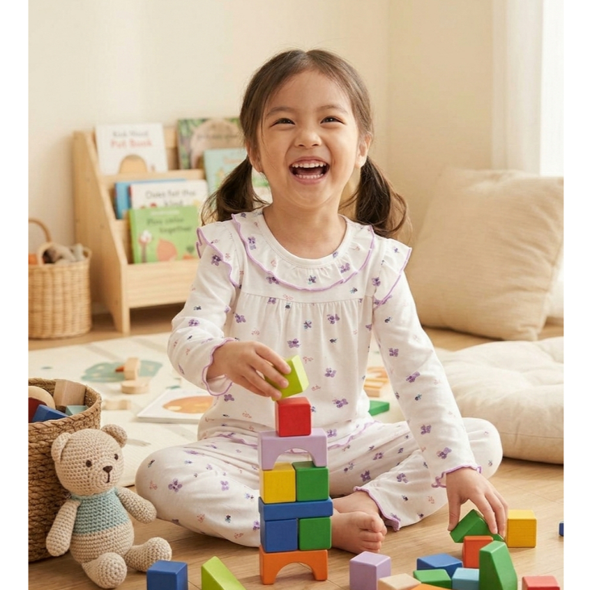 Bộ tay dài bé gái sợi sồi Modal Lá Homewear MOD5, đồ ngủ cho bé babydoll mát mềm phối bèo dễ thương
