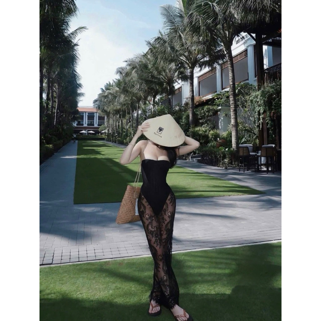 Váy quây bikini cúp ngực phối chân ren dáng dài