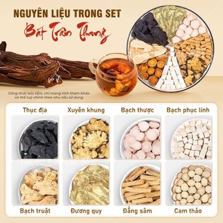 Combo 9 set bát trân thang, mix sẵn 8 vị nguyên liệu thảo mộc tự nhiên: Bạch truật, cam thảo, thục địa,..