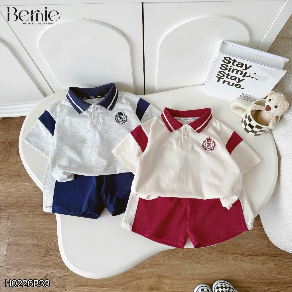 Bộ polo cộc tay thêu huy hiệu, set bộ polo cotton mềm mát phối hình thêu phong cách Hàn Quốc