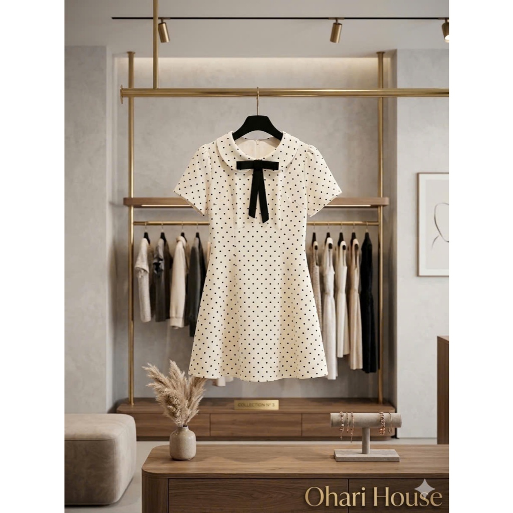 Ohari House Váy ngắn tay cổ sen đính nơ họa tiết chấm bi chiết eo nhẹ nhàng dáng xòe