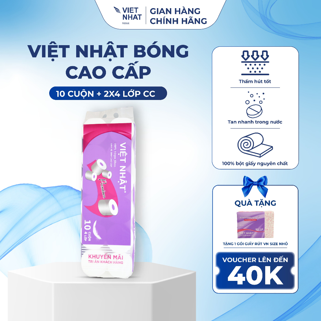 [TẶNG 2 CUỘN] Giấy Vệ Sinh Việt Nhật Bóng Cao Cấp 10 Cuộn 4 Lớp, Không Lõi/ Có Lõi Mềm Mịn, Tan Nhanh, Chất Lượng
