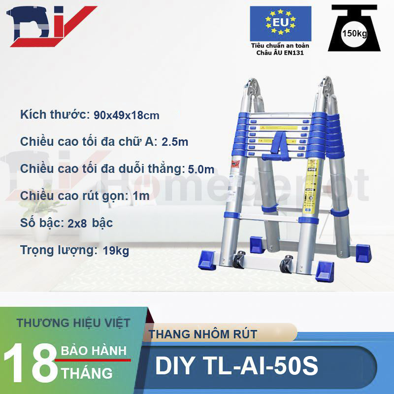 Thang nhôm rút đôi DIY TL-AI-50S chiều cao sử dụng tối đa chữ A 2.4m chữ I 5.0m - Hàng chính hãng - bảo hành 18 tháng