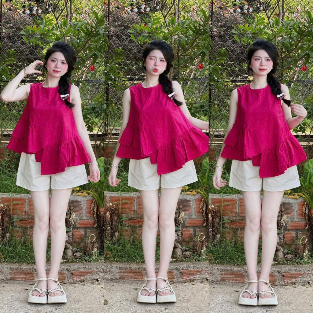 Set Bộ Nữ Chất Mango Áo Sát Nách Tầng Bèo Vạt Lệch Kèm Quần Short Đùi Năng Động Diện Đi Chơi, Đi Biển Siêu Xinh