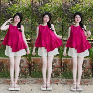 Set Bộ Nữ Chất Mango Áo Sát Nách Tầng Bèo Vạt Lệch Kèm Quần Short Đùi Năng Động Diện Đi Chơi, Đi Biển Siêu Xinh