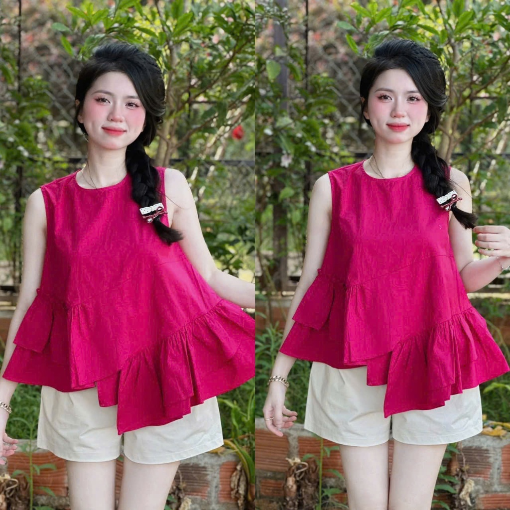 Set Bộ Nữ Chất Mango Áo Sát Nách Tầng Bèo Vạt Lệch Kèm Quần Short Đùi Năng Động Diện Đi Chơi, Đi Biển Siêu Xinh