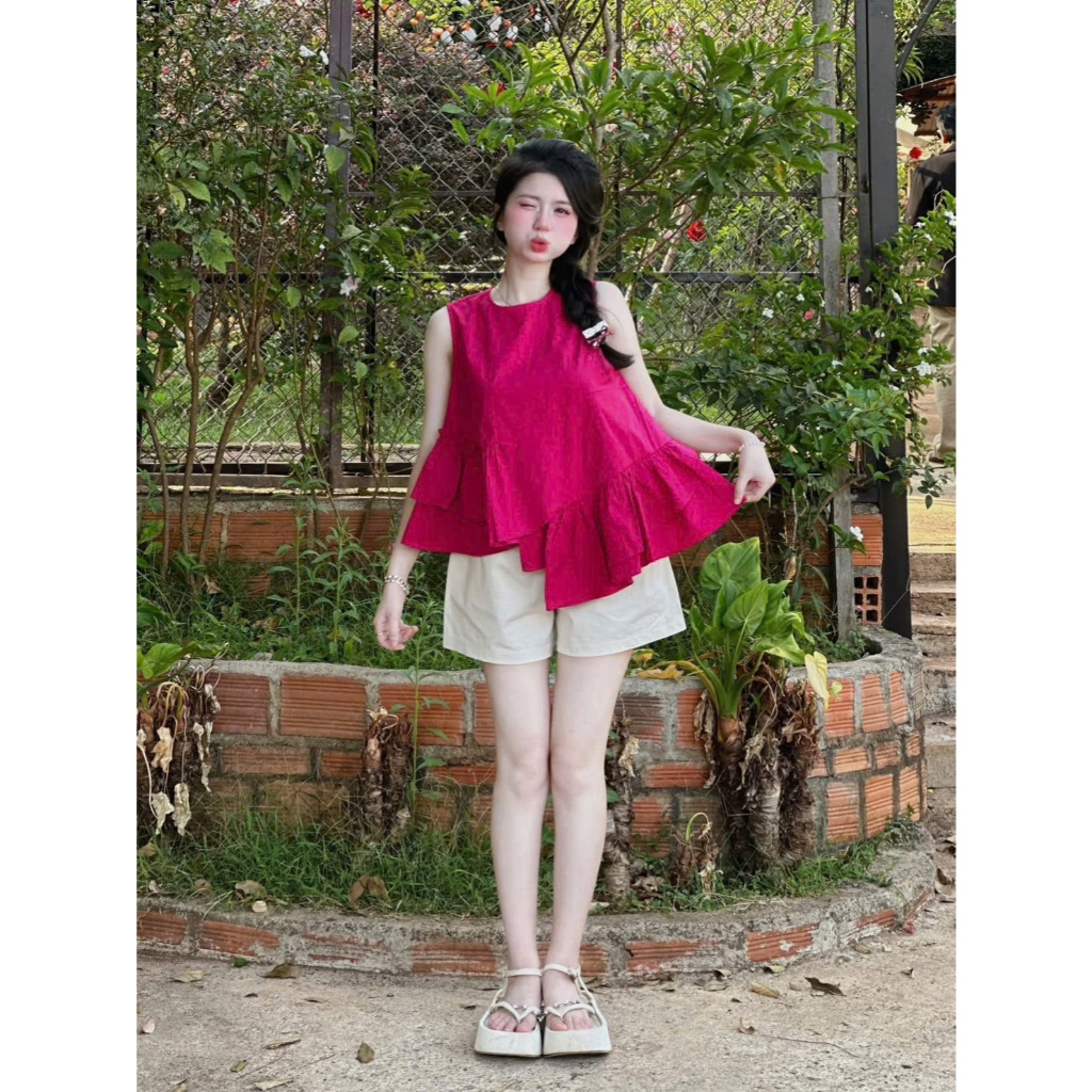 Set Bộ Nữ Chất Mango Áo Sát Nách Tầng Bèo Vạt Lệch Kèm Quần Short Đùi Năng Động Diện Đi Chơi, Đi Biển Siêu Xinh