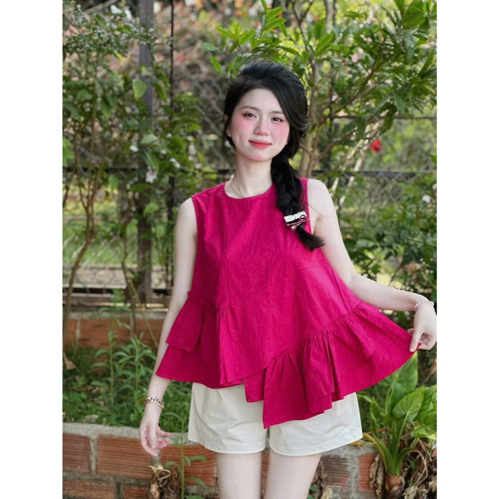 Set Bộ Nữ Chất Mango Áo Sát Nách Tầng Bèo Vạt Lệch Kèm Quần Short Đùi Năng Động Diện Đi Chơi, Đi Biển Siêu Xinh