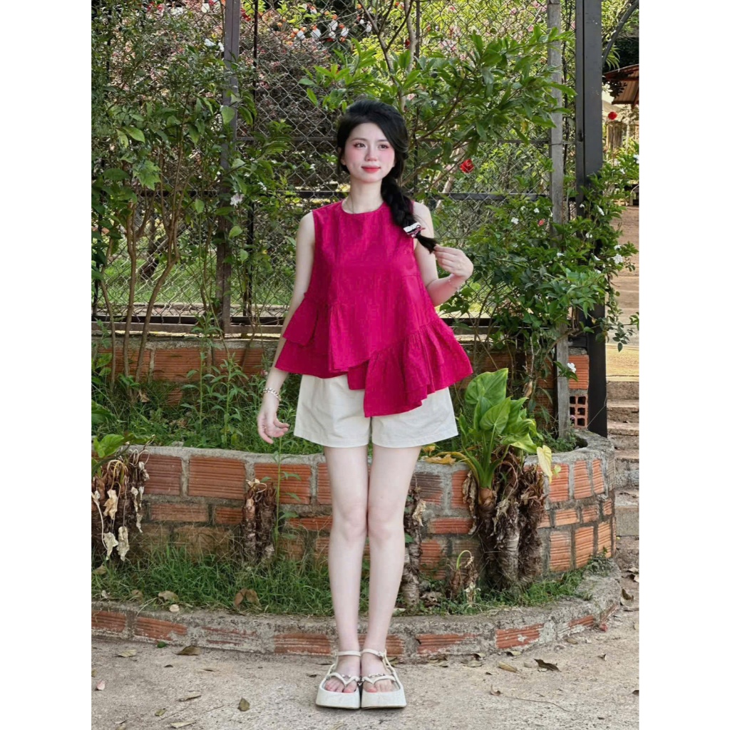 Set Bộ Nữ Chất Mango Áo Sát Nách Tầng Bèo Vạt Lệch Kèm Quần Short Đùi Năng Động Diện Đi Chơi, Đi Biển Siêu Xinh