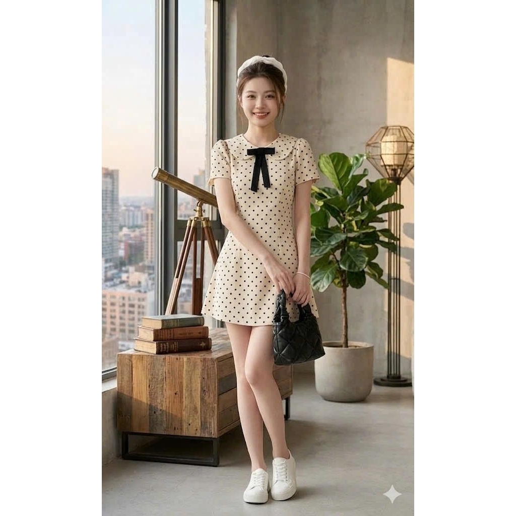 Ohari House Váy ngắn tay cổ sen đính nơ họa tiết chấm bi chiết eo nhẹ nhàng dáng xòe