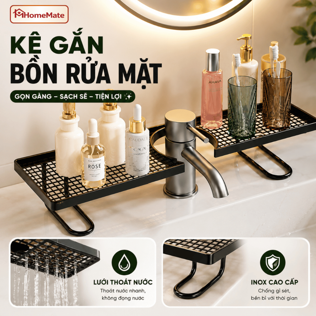 Kệ Để Đồ Lavabo Rãnh Chữ U HomeMate, Kệ Đựng Mỹ Phẩm Nhà Tắm Thép Chống Gỉ Không Cần Khoan