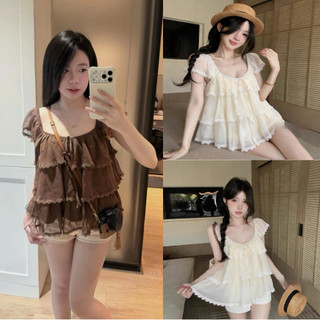 Áo tơ tầng xòe vai bèo 3 tầng buộc nơ xinh xắn LAVIAN A141