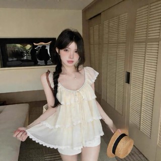 Áo tơ tầng xòe vai bèo 3 tầng buộc nơ xinh xắn LAVIAN A141