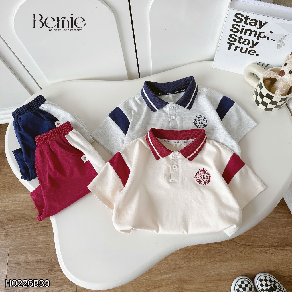 Bộ polo cộc tay thêu huy hiệu, set bộ polo cotton mềm mát phối hình thêu phong cách Hàn Quốc
