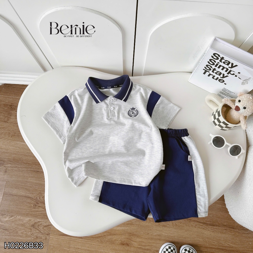 Bộ polo cộc tay thêu huy hiệu, set bộ polo cotton mềm mát phối hình thêu phong cách Hàn Quốc