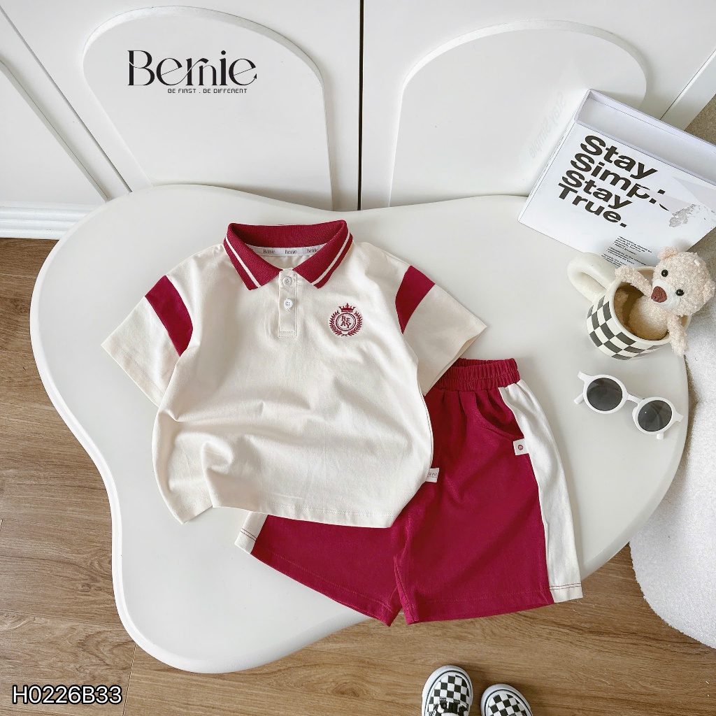 Bộ polo cộc tay thêu huy hiệu, set bộ polo cotton mềm mát phối hình thêu phong cách Hàn Quốc