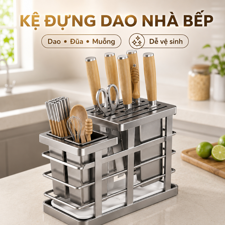 Giá Đựng Dao Nhà Bếp Inox Đa Năng Có Khay Thoát Nước, Kệ Để Dao Muỗng Đũa Cao Cấp