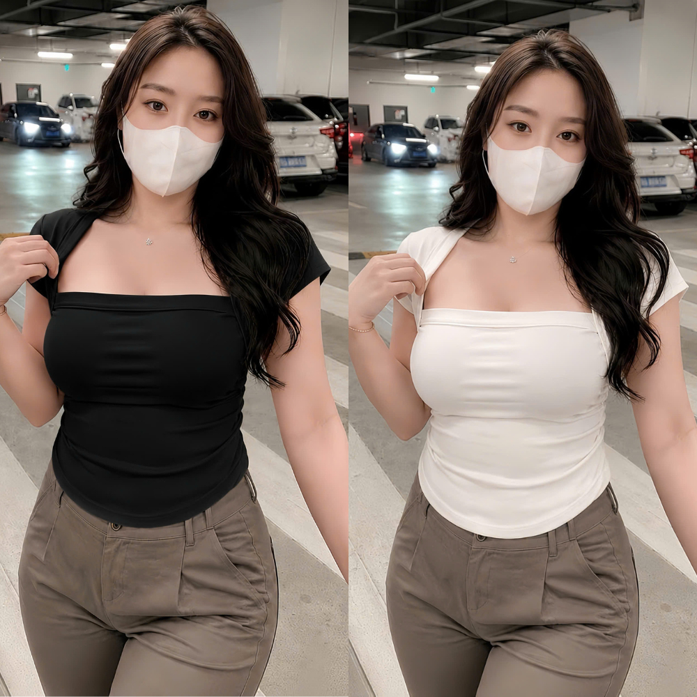 Bigsize Nữ Áo Thun Tay Ngắn Cổ Vuông,Áo Kiểu Croptop Big Size Chất Liệu Borip Mềm Mịn Thời Trang Mùa Hè A53