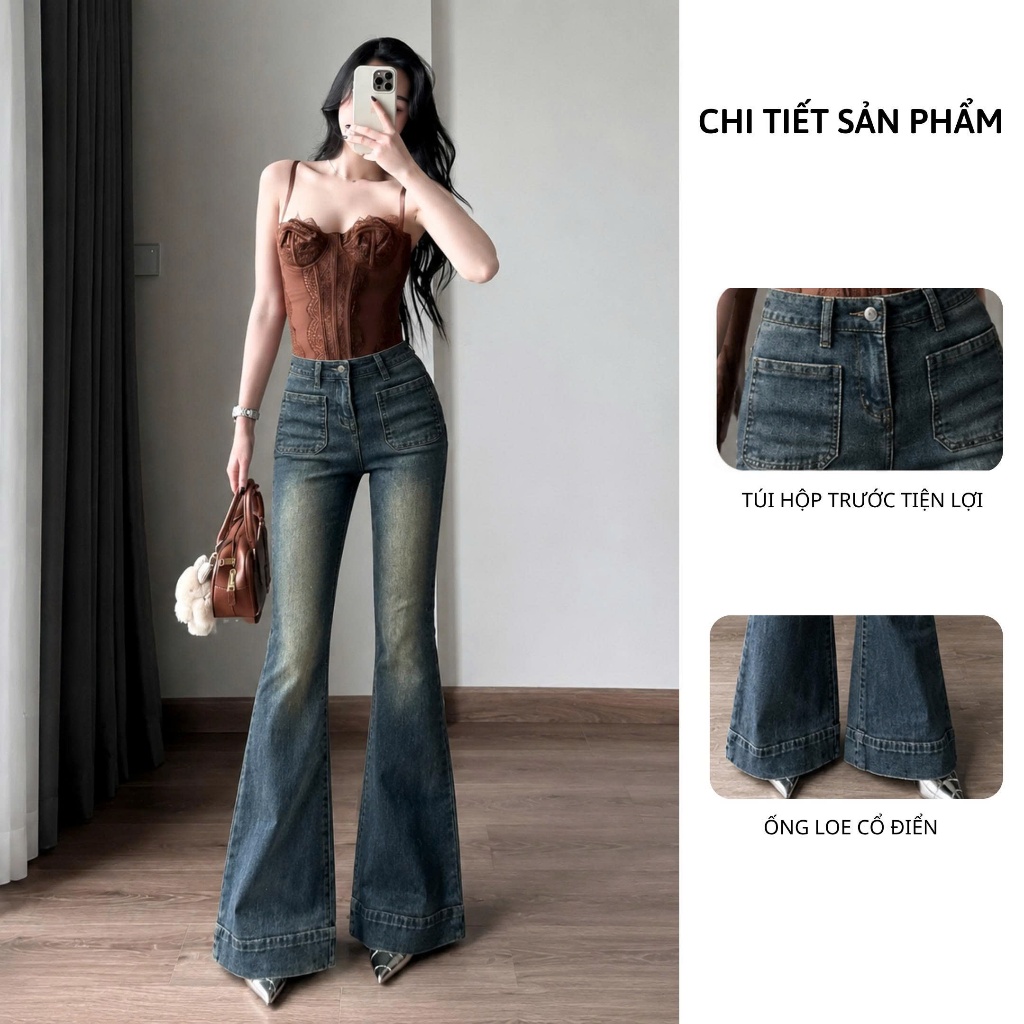 Quần jeans nữ ống loe cạp cao, quần bò nữ màu xanh rêu 2 túi trước thời trang chất vải co giãn ED32