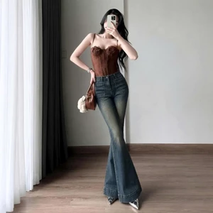 Quần jeans nữ ống loe cạp cao, quần bò nữ màu xanh rêu 2 túi trước thời trang chất vải co giãn ED32