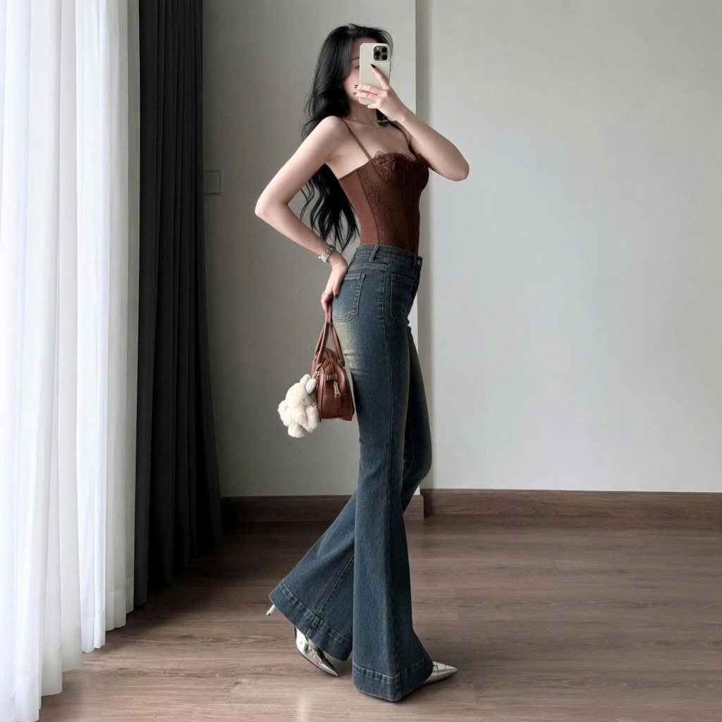 Quần jeans nữ ống loe cạp cao, quần bò nữ màu xanh rêu 2 túi trước thời trang chất vải co giãn ED32