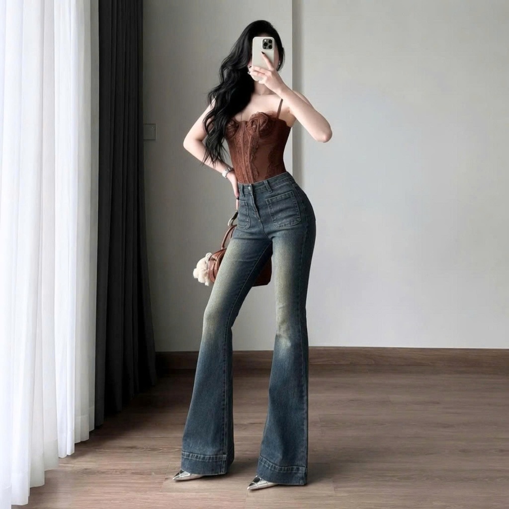 Quần jeans nữ ống loe cạp cao, quần bò nữ màu xanh rêu 2 túi trước thời trang chất vải co giãn ED32