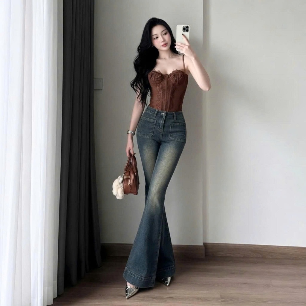 Quần jeans nữ ống loe cạp cao, quần bò nữ màu xanh rêu 2 túi trước thời trang chất vải co giãn ED32