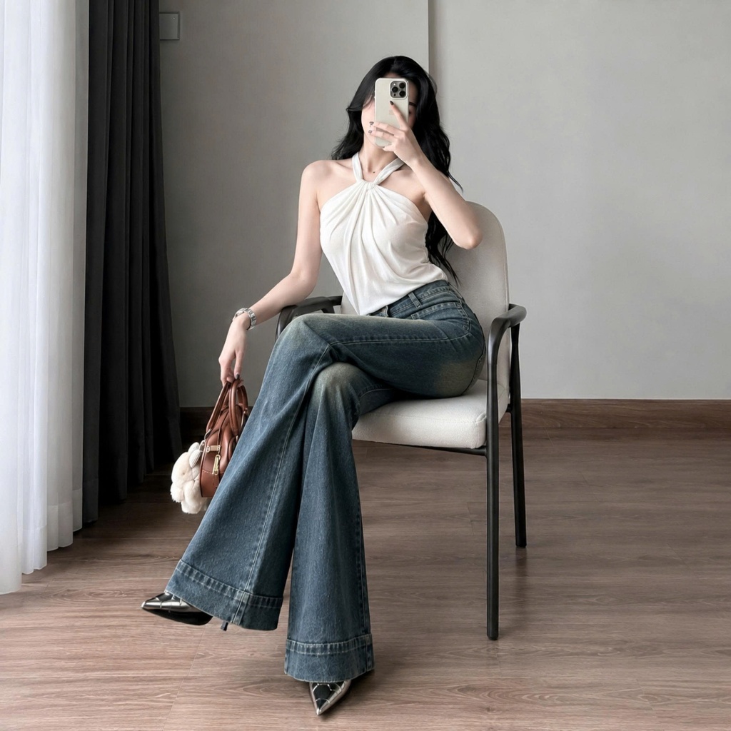 Quần jeans nữ ống loe cạp cao, quần bò nữ màu xanh rêu 2 túi trước thời trang chất vải co giãn ED32