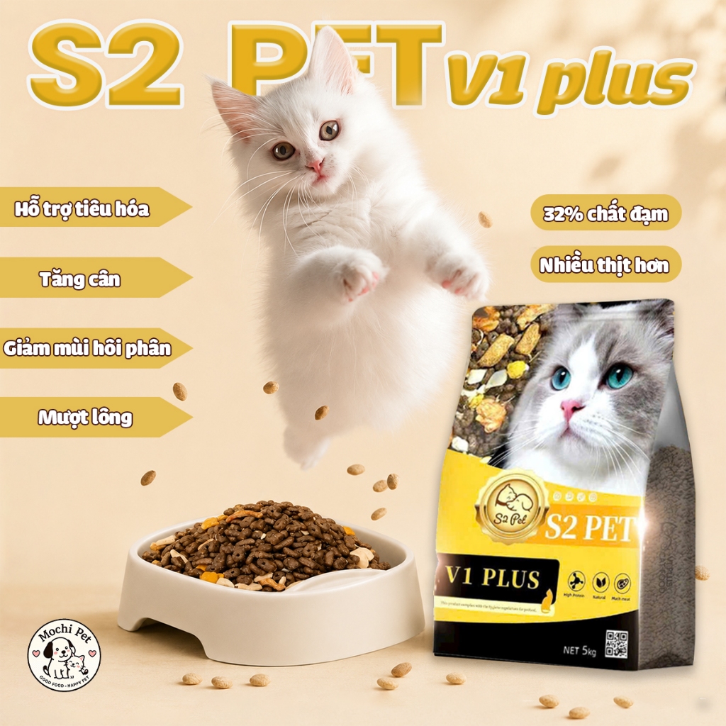 [1KG TẶNG PATE] Hạt Cho Mèo S2PET V1 V2 V3 - Thức Ăn Mèo Đạm 32%, Topping Thịt Sấy, Hỗ Trợ Tiêu Hóa & Tiết Niệu