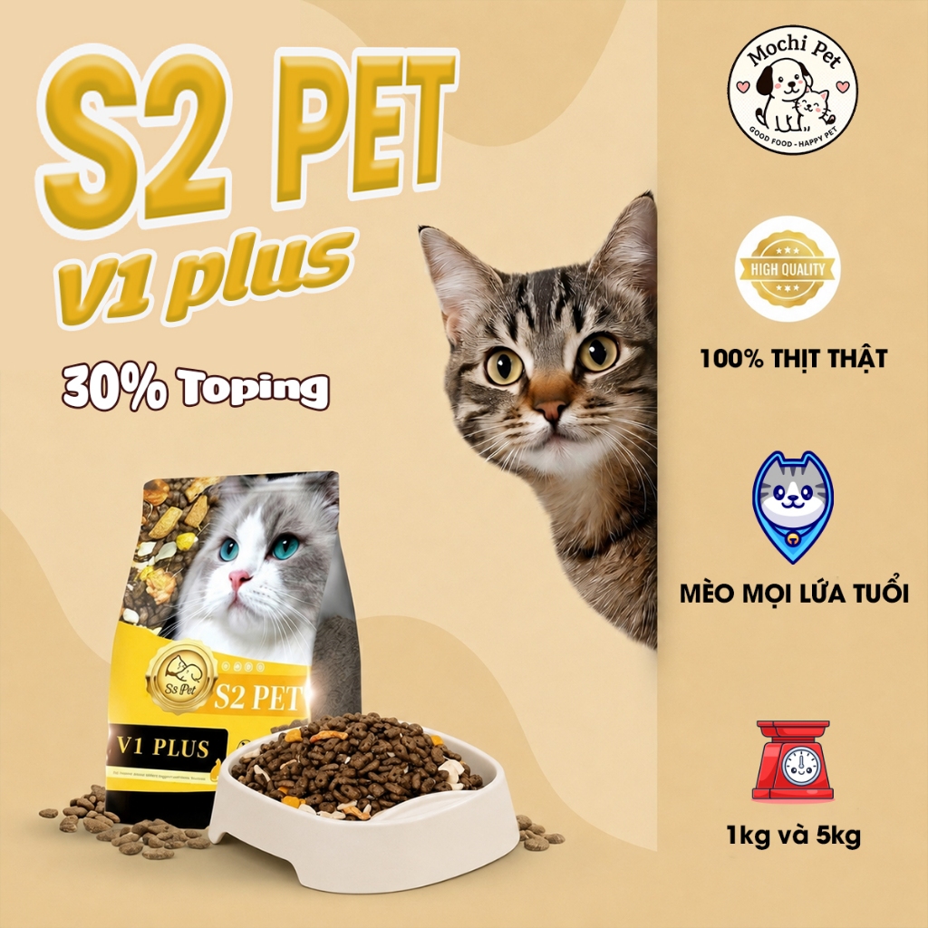 [1KG TẶNG PATE] Hạt Cho Mèo S2PET V1 V2 V3 - Thức Ăn Mèo Đạm 32%, Topping Thịt Sấy, Hỗ Trợ Tiêu Hóa & Tiết Niệu