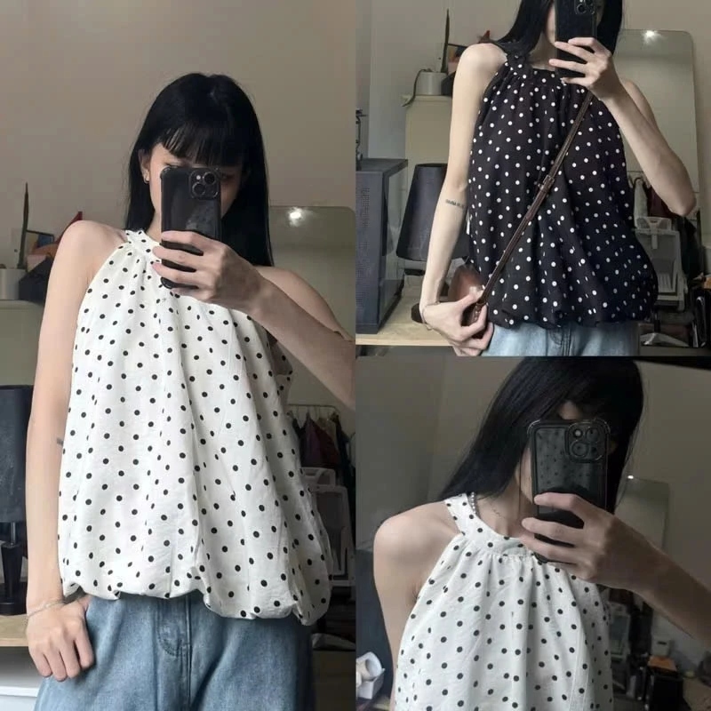 Áo cổ yếm voan tơ họa tiết chấm bi nhỏ hở lưng dáng bí chất liệu mềm mại hai lớp