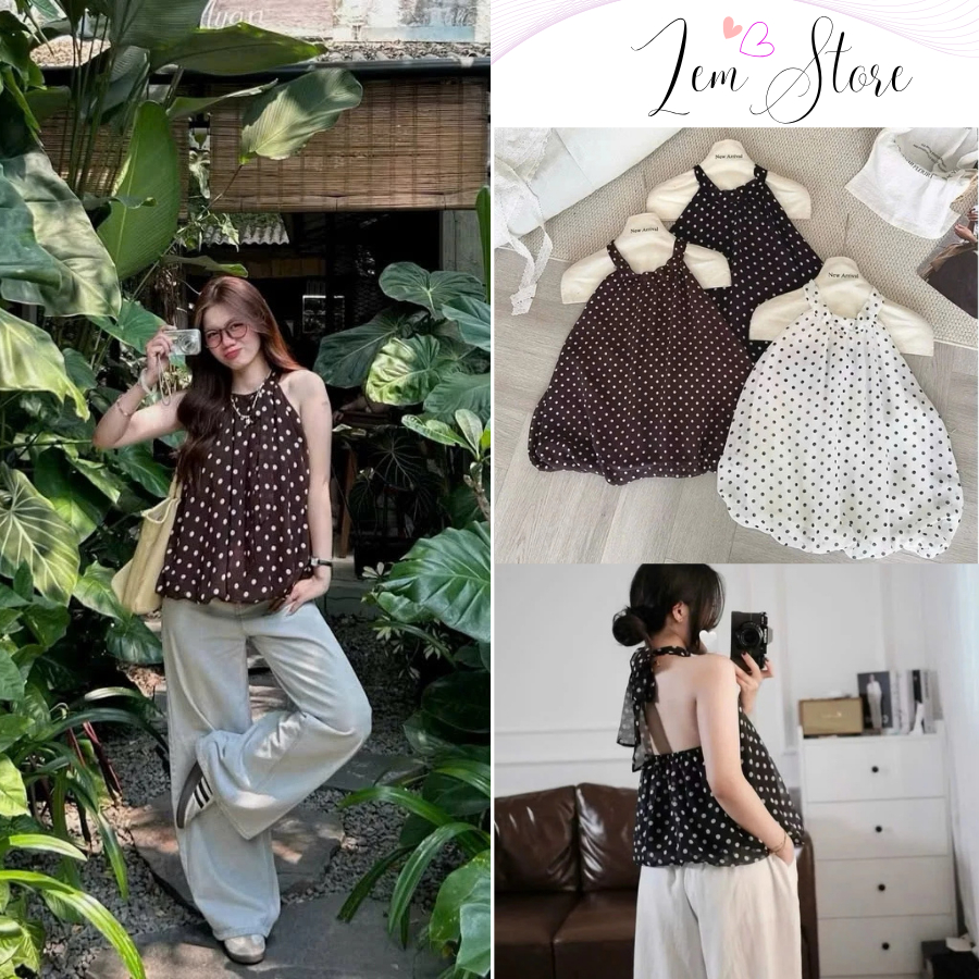 Áo cổ yếm voan tơ họa tiết chấm bi nhỏ hở lưng dáng bí chất liệu mềm mại hai lớp