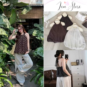 Áo cổ yếm voan tơ họa tiết chấm bi nhỏ hở lưng dáng bí chất liệu mềm mại hai lớp