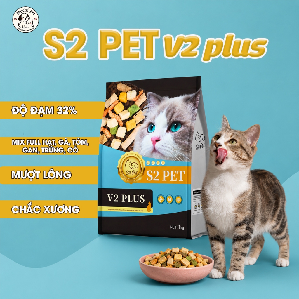 [TẶNG QUÀ] Hạt Dinh Dưỡng Cho Mèo S2 PET V2 Plus1kg - 70% Topping Thịt Sấy, Hỗ Trợ Tiêu Hóa, Giảm Búi Lông