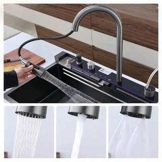 Chậu Rửa Bát 1 Hố Cao Cấp Hato Hiển Thị Nhiệt Độ, Bồn Rửa Chén 1 Ngăn Lớn Kèm Vòi Lọc Nước, Thác Nước, Vòi Xịt