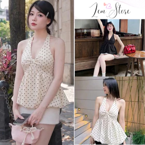 Áo cổ yếm xoắn ngực chấm bi hở lưng dáng bí siêu hot