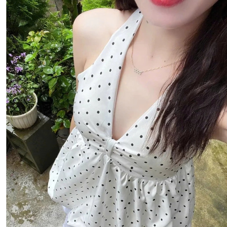 (Sẵn Hỏa Tốc) Áo cổ yếm xoắn ngực chấm bi hở lưng dáng bí siêu hot