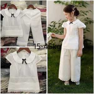 Bộ Quần Áo Bé Gái Cotton 100% Hàn Quốc Áo Cổ Sen Phối Nơ Đen Quần Dài Trắng, Set Bé Gái Hàn Quốc 2-10 Tuổi