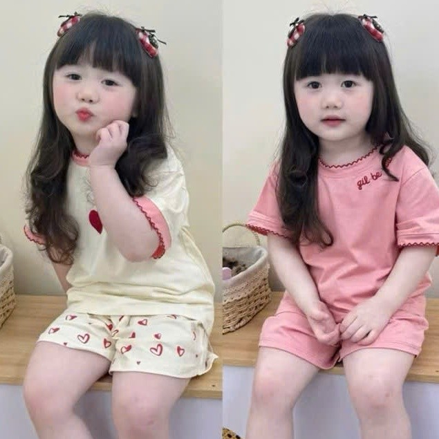 Sét Bé Gái HỌA TIẾT ZUA TRAI TIM  QC63 K.Kid Bộ Mùa Hè Cotton Mát Size 8-20kg M88