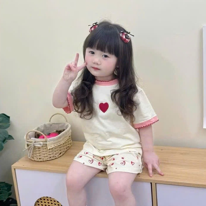 Sét Bé Gái HỌA TIẾT ZUA TRAI TIM  QC63 K.Kid Bộ Mùa Hè Cotton Mát Size 8-20kg M88