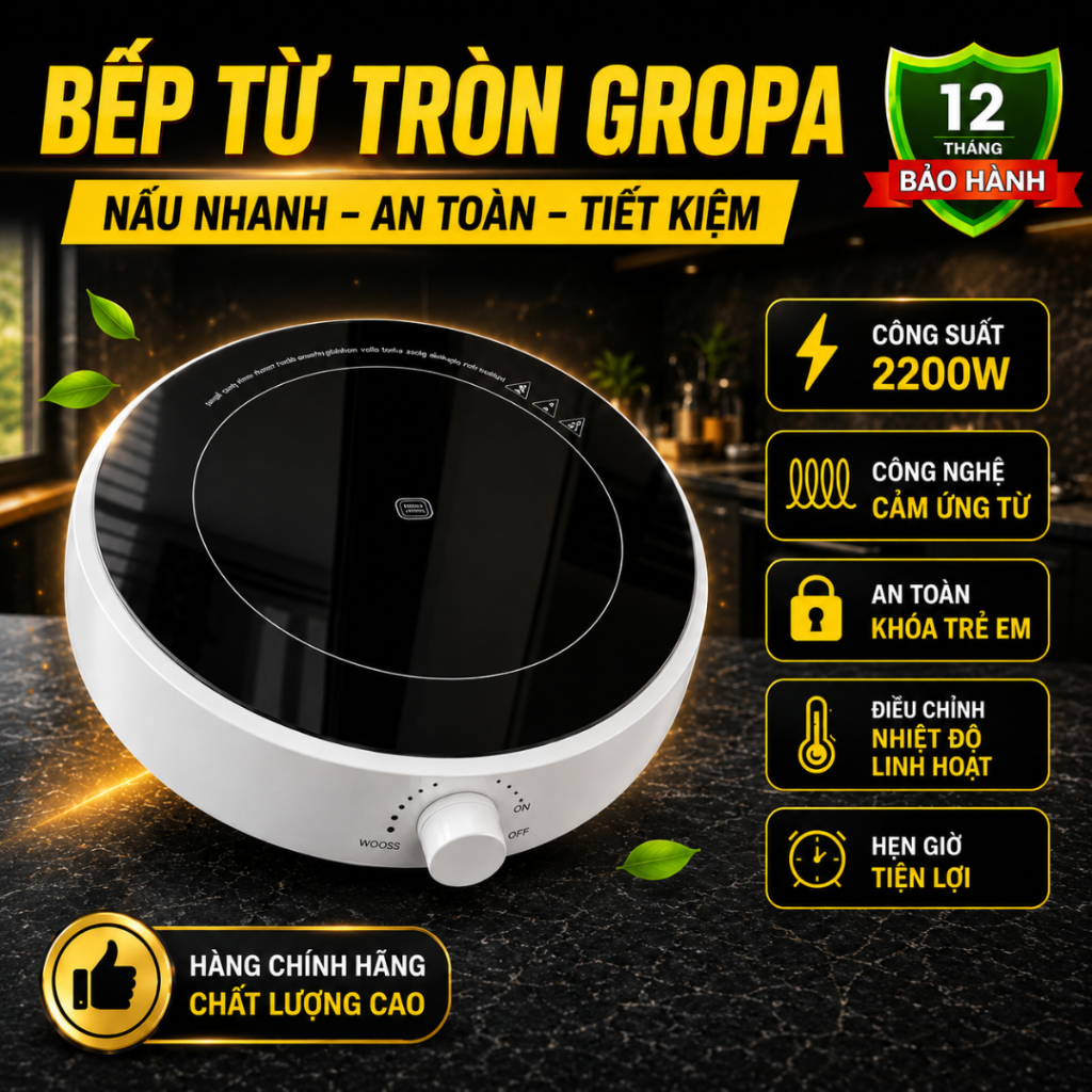 Bếp từ đơn GROPA công suất lớn 2200W, bếp điện từ nhỏ gọn nấu ăn cực nhanh, mặt kính vệ sinh dễ dàng