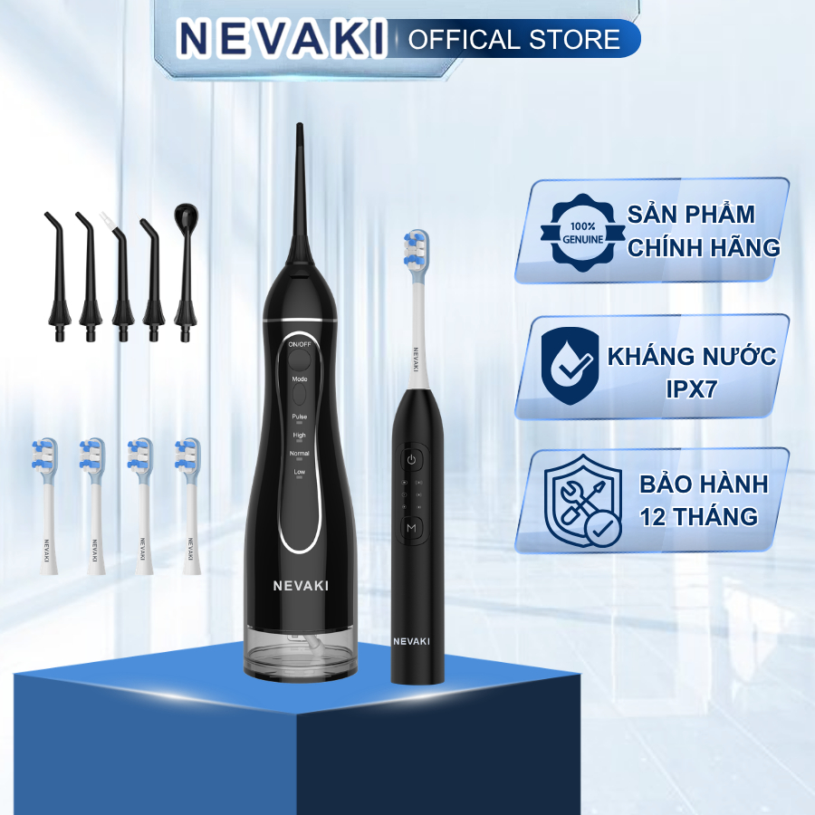 Combo tăm nước và bàn chải điện NEVAKI cao cấp vệ sinh răng miệng sạch sẽ, chống nước IPX7 bảo hành 12 tháng