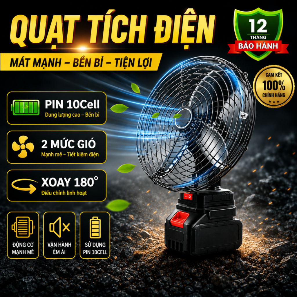 Quạt tích điện lồng sắt công suất lớn, quạt sạc tích điện sử dụng chân pin, hoạt động liên tục 4-6h