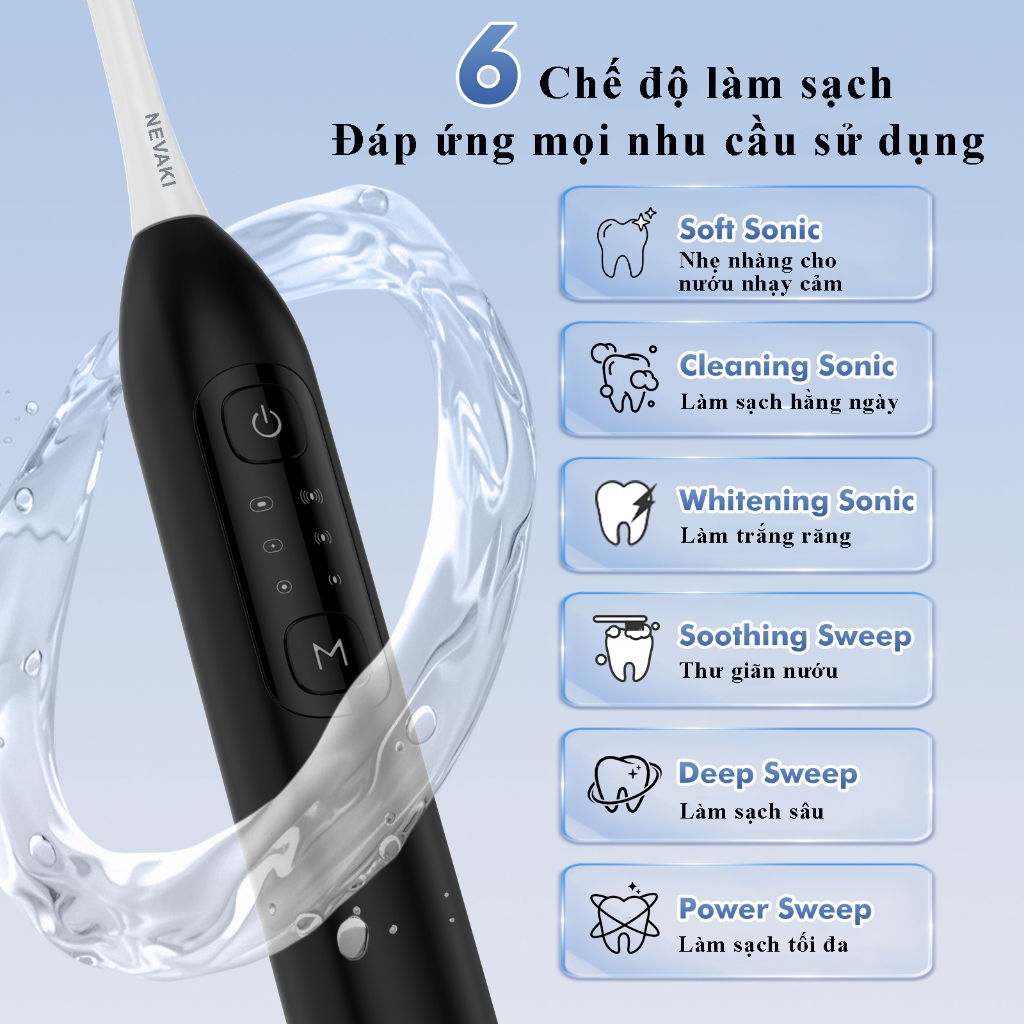 Combo tăm nước và bàn chải điện NEVAKI cao cấp vệ sinh răng miệng sạch sẽ, chống nước IPX7 bảo hành 12 tháng